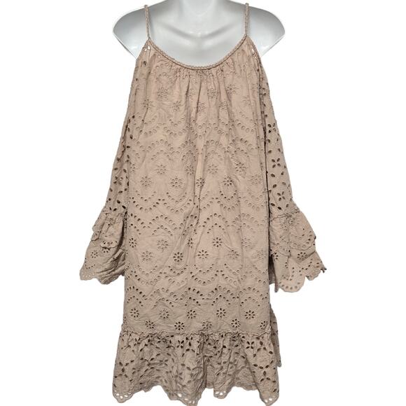 Venus Beige Eyelet Bell Sleeve Dress Size 20 Cold Shoulder Resort Travel Lace - Picture 4 of 7